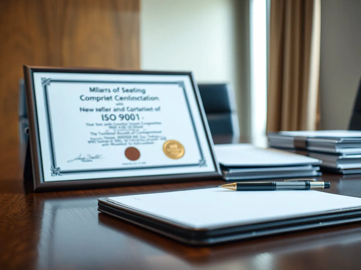 ISO 9001质量管理体系认证证书展示在会议桌上，旁边有文件资料